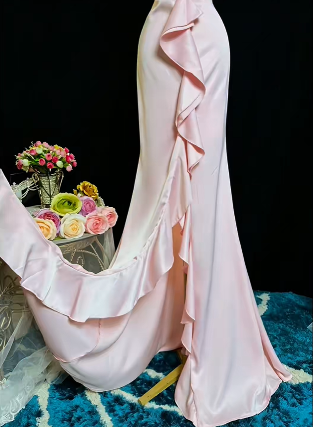 Pretty Pink Halter Satin Ruffles Mermaid Long Evening Dress Prom Gown SP2374