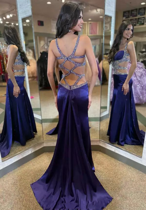Sexy Spaghetti Straps Purple Satin Beaded Mermaid Long Party Dress Birthday Prom Dresses SP1365