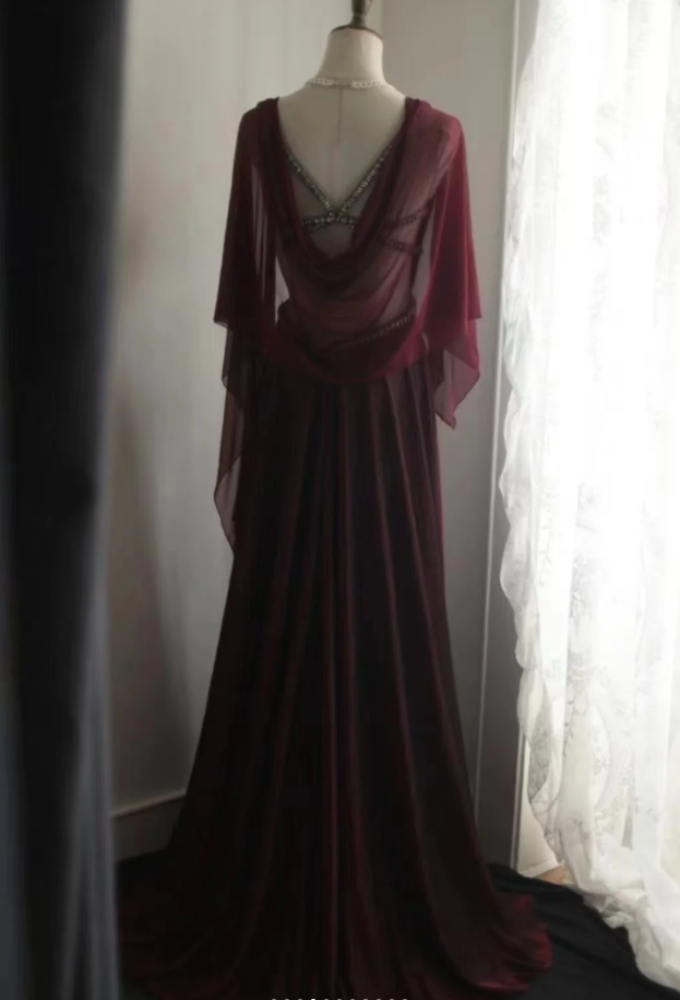 Sexy Burgundy Satin Beaded Backless Long Evening Dress Prom Gown SP848