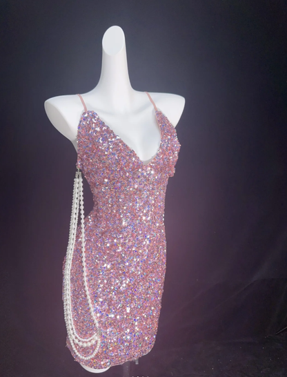 Glitter Pink Spaghetti Straps Sequin Sheath Homecoming Dress Short Birthday Outfits SP348