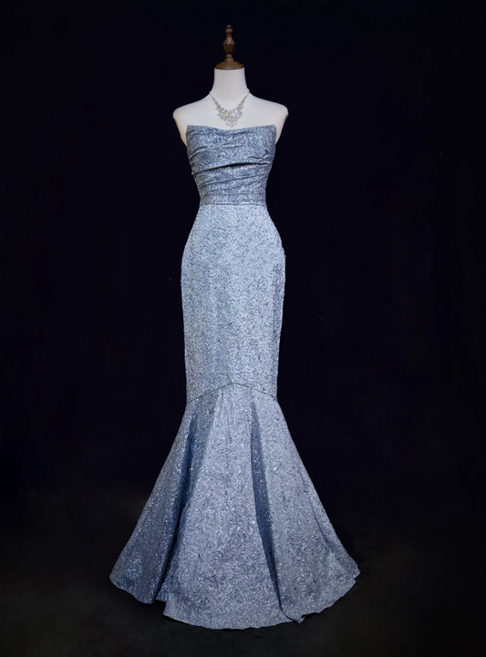 Elegant Strapless Blue Satin Print Mermaid Long Evening Dress Birthday Prom Dress SP1971