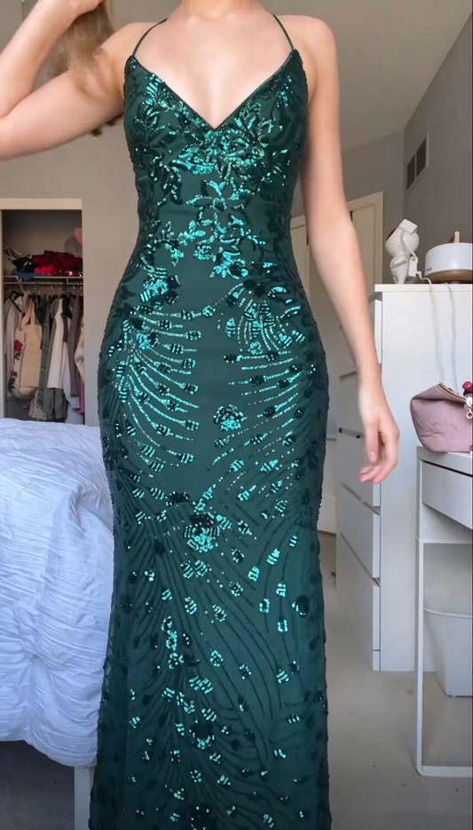 Elegant Spaghetti Straps Chiffon Sequin Floral Prom Dress Emerald Green Mermaid Long Party Dress SP4227