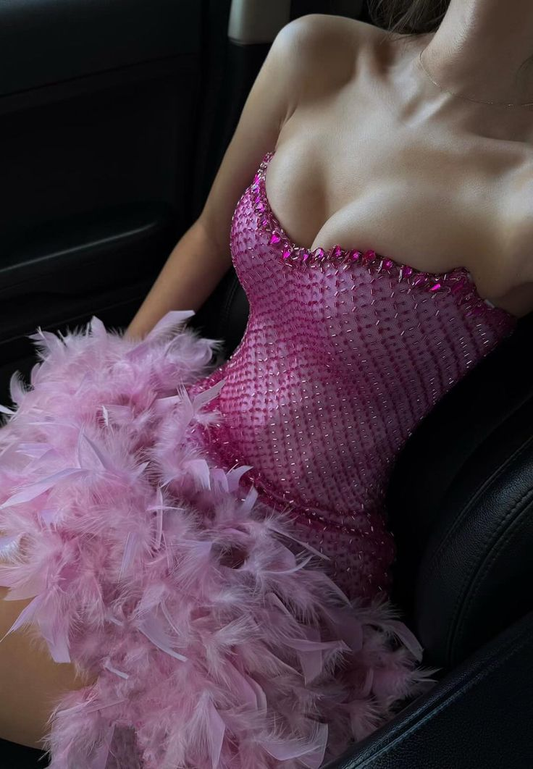 Stylish Pink Strapless Sequin Beaded Feathers Sheath Cocktail Dress Short Formal Homecoming Dress Y9093