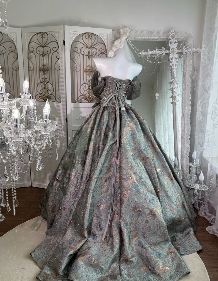 Unique Relief Satin Ball Gown Off The Shoulder Beaded Birthday Quinceanera Dress SP1460