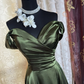 Classy Off The Shoulder Olive Green Satin Pleated Slit Long Evening Dress Formal Wedding Guest  Dress SP1889