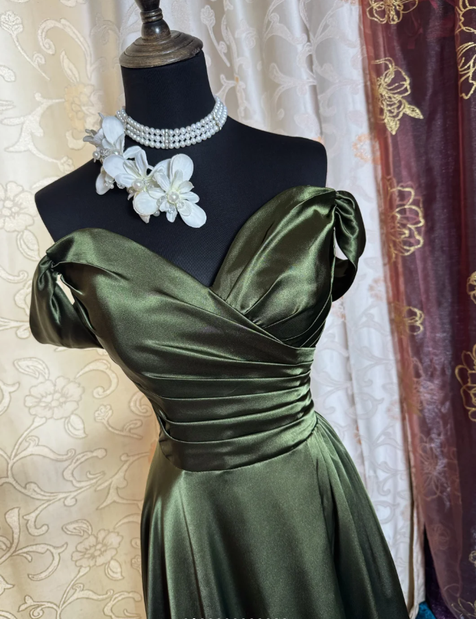 Classy Off The Shoulder Olive Green Satin Pleated Slit Long Evening Dress Formal Wedding Guest  Dress SP1889