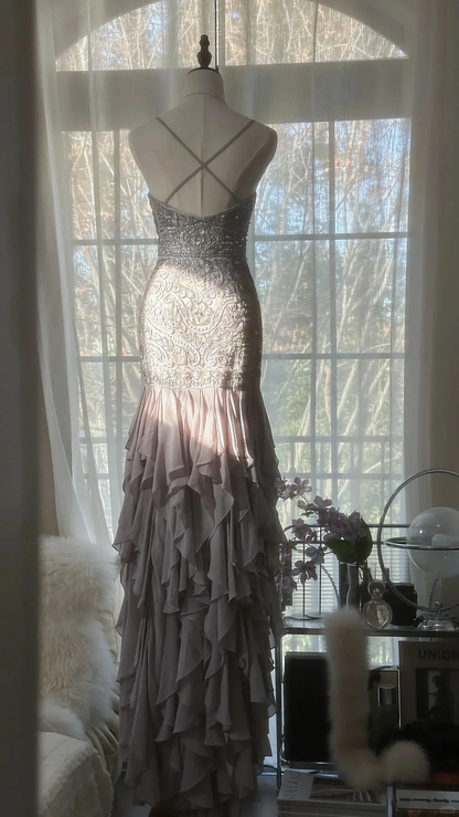 Purple Romantic Beaded Lace Long Chiffon Ruffles Evening Gown Formal Prom Dress Birthday Party Dress Y9791