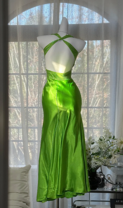 Pretty Green Halter Satin Backless Mermaid Long Evening Dress Birthday Prom Dress SP1667
