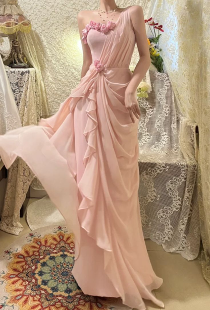 Pretty One Shoulder Pink Chiffon Ruffles Long Party Dress Prom Gown SP1088