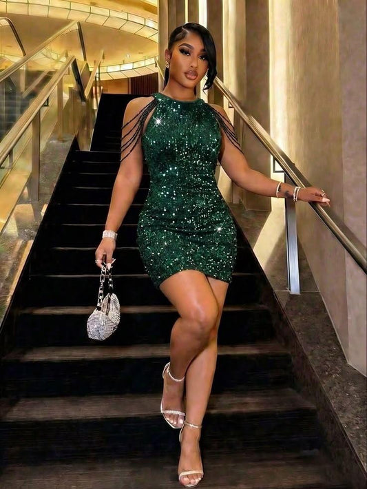 Gorgeous Sleeveless Green Sequin Sheath Mini Cocktail Dress Homecoming Dress SP2479