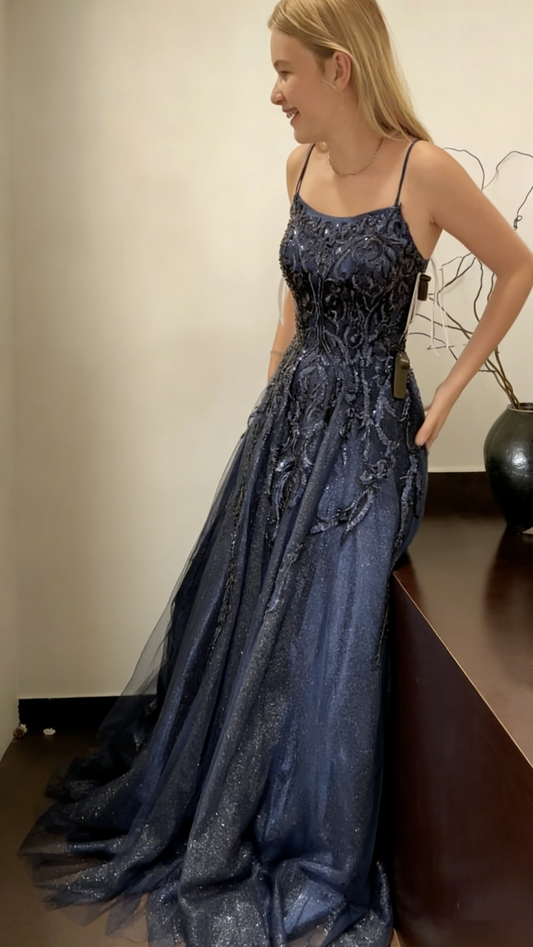 Glitter Spaghetti Straps Navy Blue Tulle Long Wedding Guest Dress Formal Birthday Evening Dress SP1702
