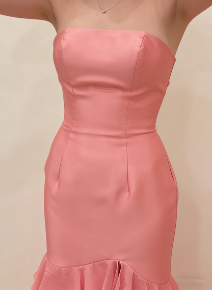 Classy Pink Strapless Satin Chiffon Layered Slit Long Party Dress 19th Birthday Outfits SP2049