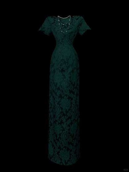 Vintage Green Lace Sheath Long Party Dress Birthday Evening Dress SP4048