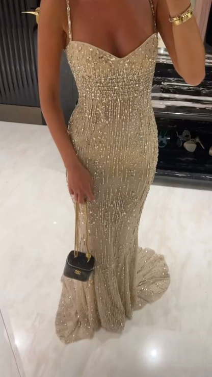 Gorgeous Spaghetti Straps Champagne Tulle Sequin Beaded Mermaid Long Party Dress Prom Gown SP857