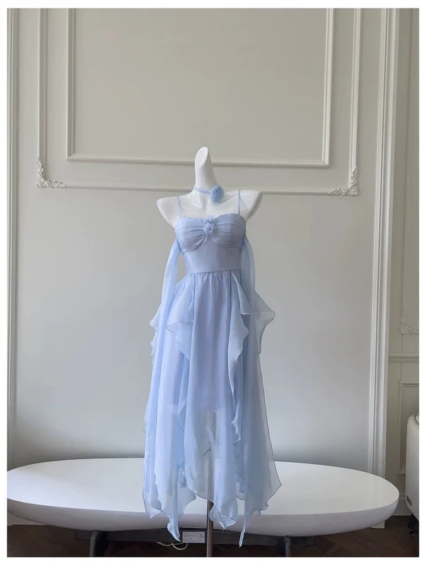 Simple Blue Spaghetti Straps Chiffon Homecoming Dress Party Dress Y8581