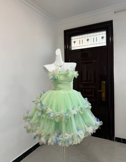Cute Green Strapless Tulle Petals A Line Short 15th Birthday Outfits Homecoming Dress SP2811