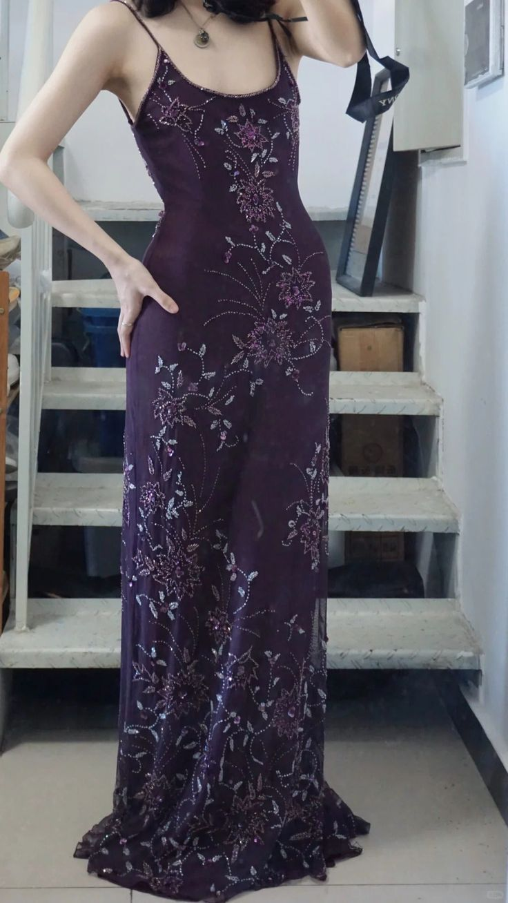 Gorgeous Spaghetti Straps Chiffon Beaded Mermaid Evening Dress Purple Long Birthday Dress SP2109