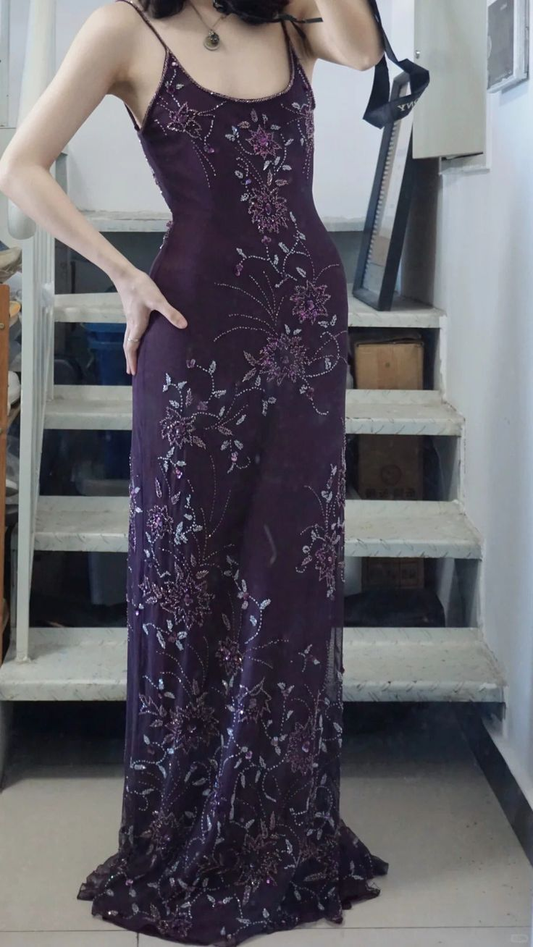 Gorgeous Spaghetti Straps Chiffon Beaded Mermaid Evening Dress Purple Long Birthday Dress SP2109