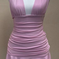 Pink Halter Deep V Neck Homecoming Dress  Y2594