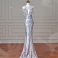 Luxury Silver Sequin 3D Beaded Mermaid Evening Dress,Long Prom Dress With Bow Y8640