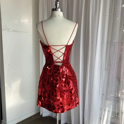 Luxurious Red Spaghetti Strap Sequin Sheath Short Graduation Homecoming Dress Cocktail Dress Y9130