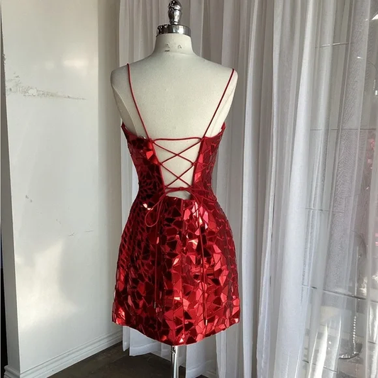 Luxurious Red Spaghetti Strap Sequin Sheath Short Graduation Homecoming Dress Cocktail Dress Y9130
