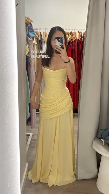 Elegant Yellow Chiffon Pleated Mermaid Long Party Dress Prom Gown SP4026