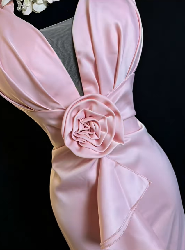 Pretty Pink Halter Satin Ruffles Mermaid Long Evening Dress Prom Gown SP2374