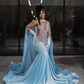 Sky Blue Velvet Silver Crystal Evening Dress,Luxurious Evening Gown Y5764
