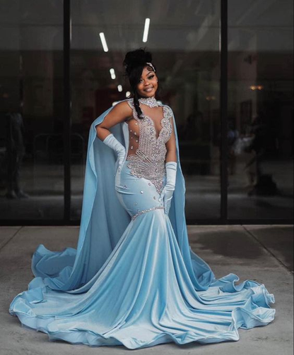 Sky Blue Velvet Silver Crystal Evening Dress,Luxurious Evening Gown Y5 – Simplepromdress