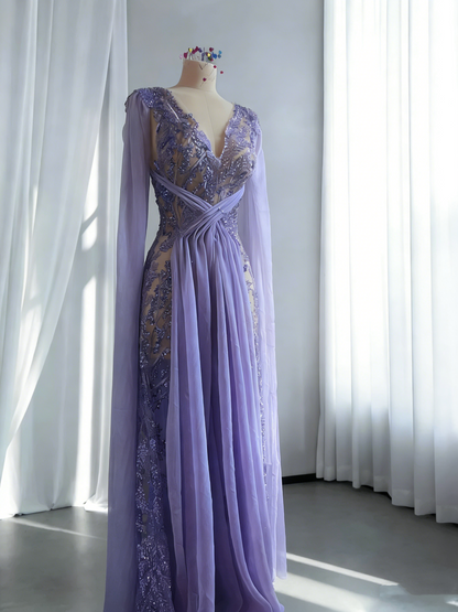 Gorgeous Lavender V Neck Sequin Beaded Chiffon Long Evening Dress Party Gown SP1745