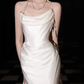 Classy White Satin Chiffon Mermaid Prom Dress,Strapless Long Wedding Dress Y8591