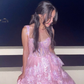 Pretty A-Line Pink Lace Appliques Tiered Long Prom Dress Formal Evening Dress  Y7936