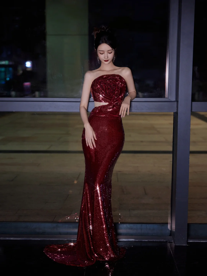 Burgundy Strapless Sequin Rose Flowers Prom Dress,Mermaid Long Evening Dress Y8595