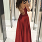 Red Spaghetti Straps V-neck Long Prom Dress, Shiny A Line Party Gown Y6163