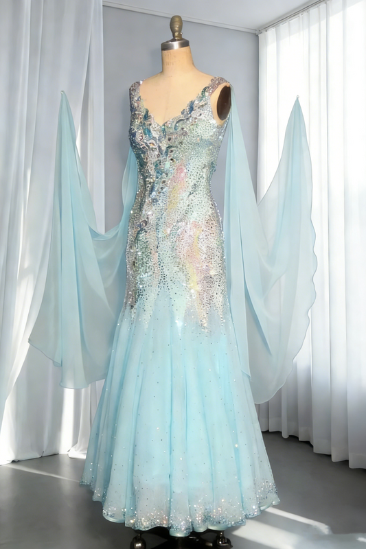 Luxurious Blue Chiffon Beaded Mermaid Long Evening Dress Birthday Prom Dresses SP1746