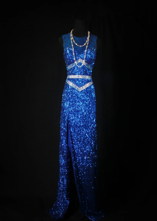 Sparkly Sleeveless Royal Blue Lace Sequin Slit Mermaid Long Party Dress Evening Dress SP1699