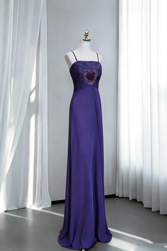 Fashion Spaghetti Straps Dark Purple Satin Beaded Mermaid Long Evening Dress Formal Wedding Guest Dress SP1747