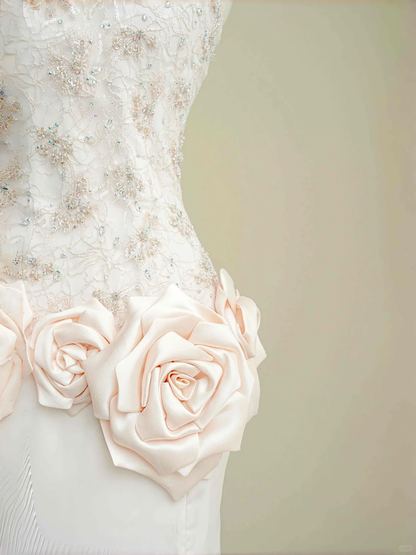 Elegant Light Pink Satin Lace Sequin Beaded Evening Dress,Slit Mermaid Prom Dress Y8672