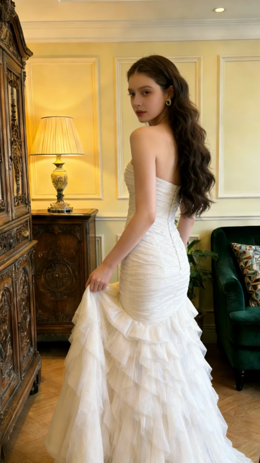 Classy Strapless White Tulle Pleated Layered Mermaid Long Wedding Dress Formal Bridal Dress SP2056