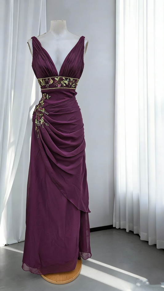 Vintage V Neck Burgundy Chiffon Pleated Long Evening Dress Formal 18th Birthday Dress SP1748