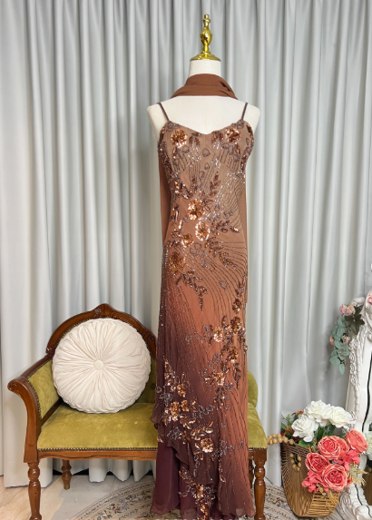 Retro Spaghetti Straps Ombre Chiffon Floral Sequin Beaded Prom Dress Long Party Gown With Ribbon SP627