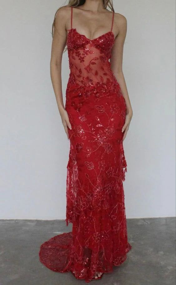 Charming Dragon Fruit Color Lace Spaghetti Straps Birthday Party Dress Prom Dresses SP90
