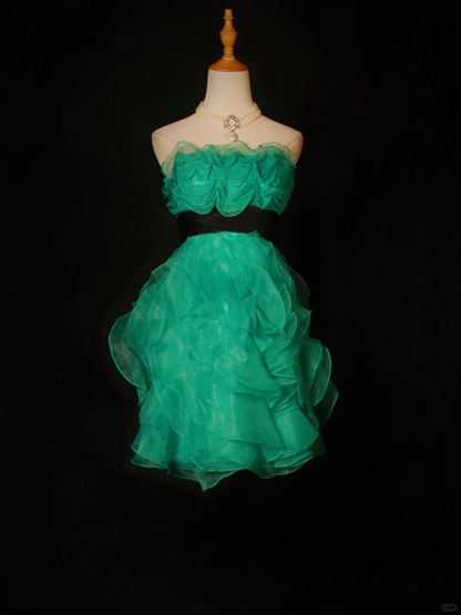 Unique Green Tulle Pleated Short Homecoming Dress,Strapless A Line Mini Cocktail Dress SP2828