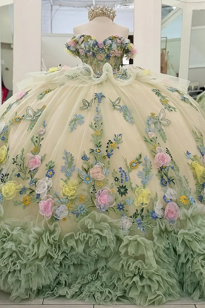 Charming Off The Shoulder Light Green Tulle Pleated Floral Birthday Quinceanera Dress Sweet 16 Dress SP4290