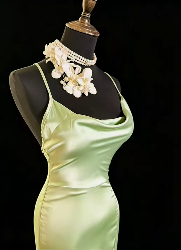 Sexy Spaghetti Straps Sheath Satin Slit Evening Dress Sage Green Backless Long Wedding Guest Dress SP2377