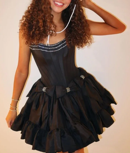 Elegant Strapless White Satin Beaded Bow A Line Short Birthday Outfits Homecoming Dress Y9882