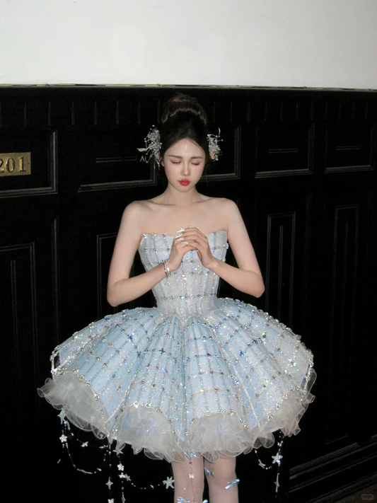 Glitter Blue Strapless Tulle Sequin Beaded A Line Princess Birthday Outfits Short 8th Homecoming Dress Y9210