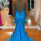 Mermaid V-Neck Sweep Train Blue Prom Dress with Split Y6312