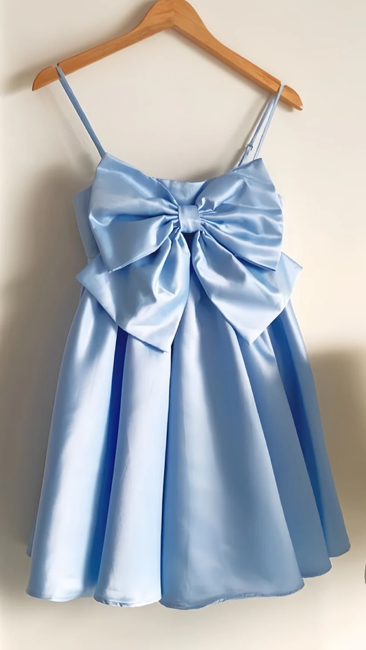 Cute Spaghetti Straps Bow A Line Blue Birthday Dress Short 6th Grade Homecoming Dress Y9896